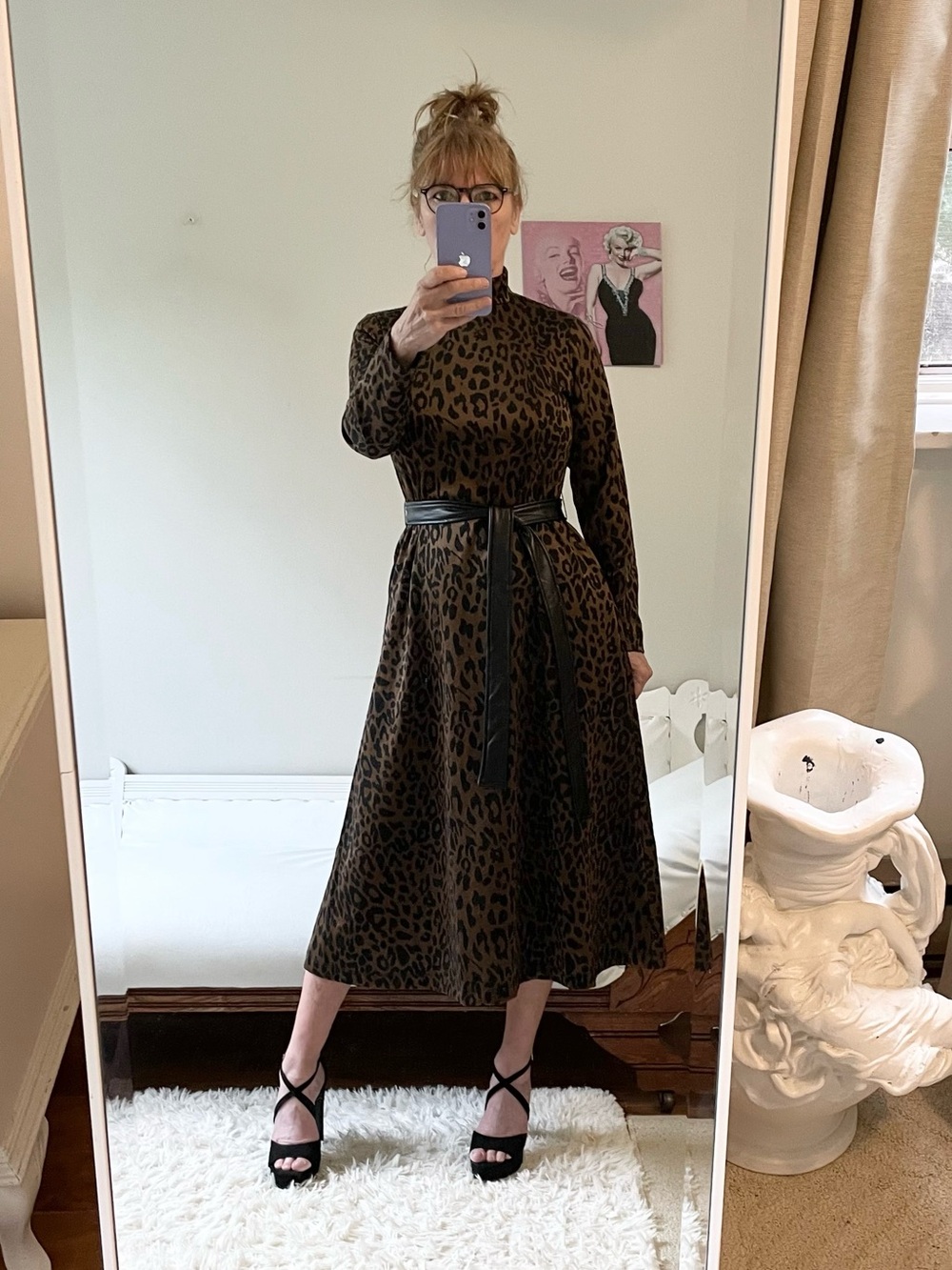 ANNE KLEIN LONG SLEEVE BROWN BLACK LEOPARD PRINT MIDI DRESS FAUX LEATHER BELT